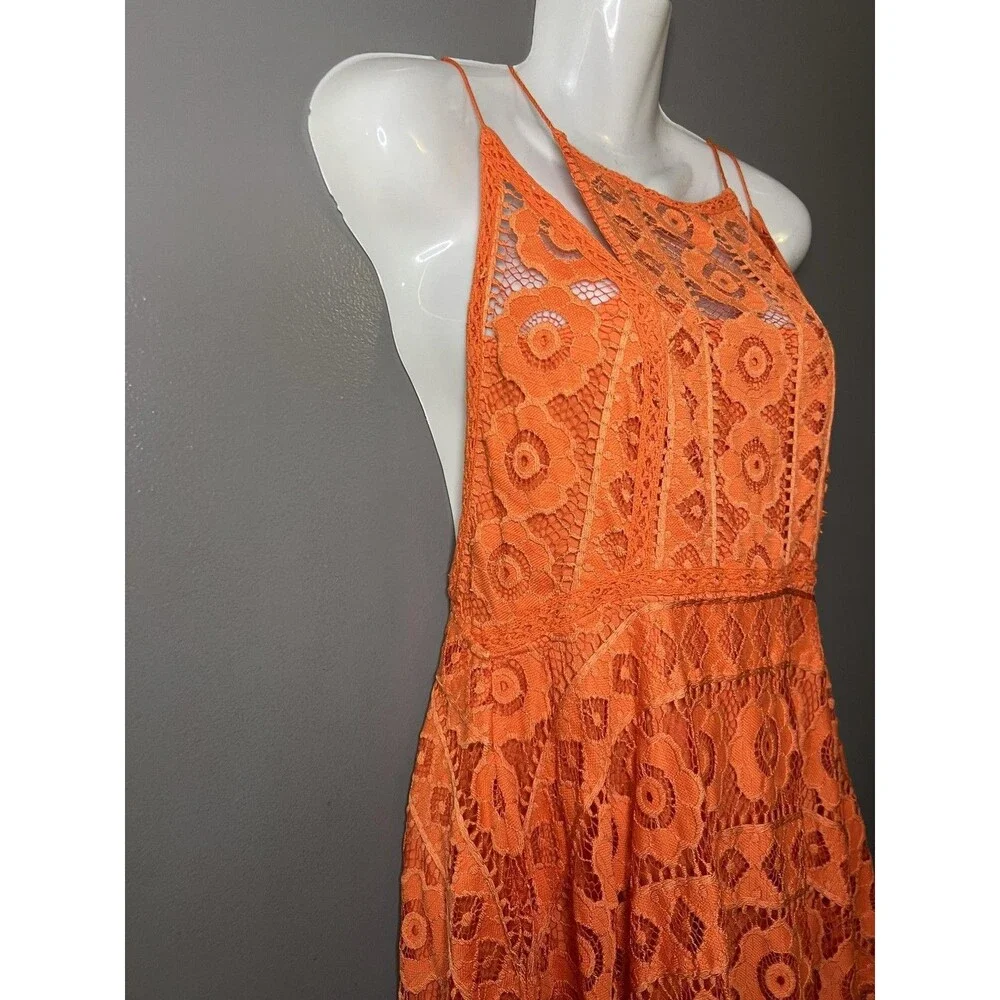 Free People Dress Womens 4 Orange Lace Halter Fit & Flare Short Boho Sundress